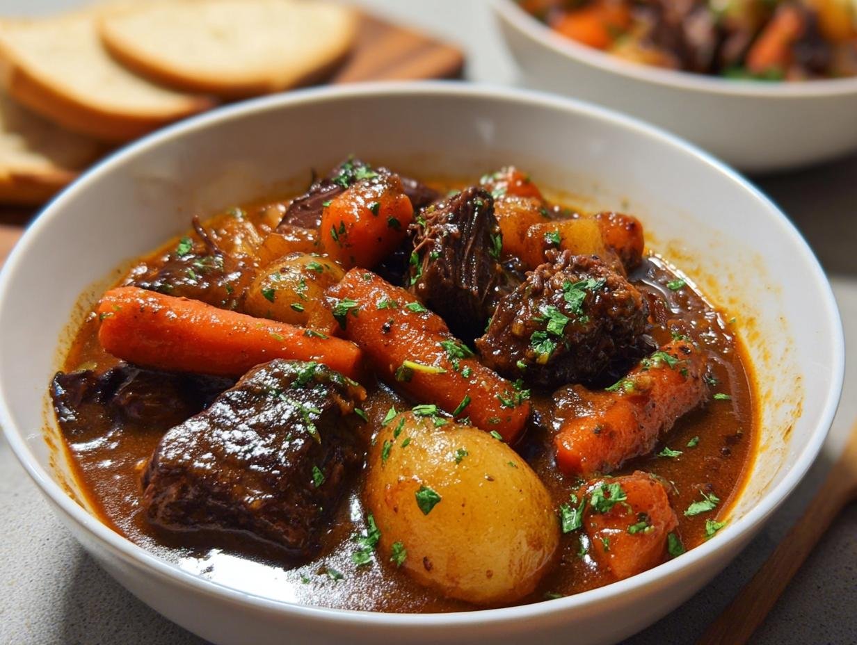 Close-up of a bowl filled with Comforting Leftover Prime Rib Beef Stew, featuring chunks of beef, carrots, and potatoes.
