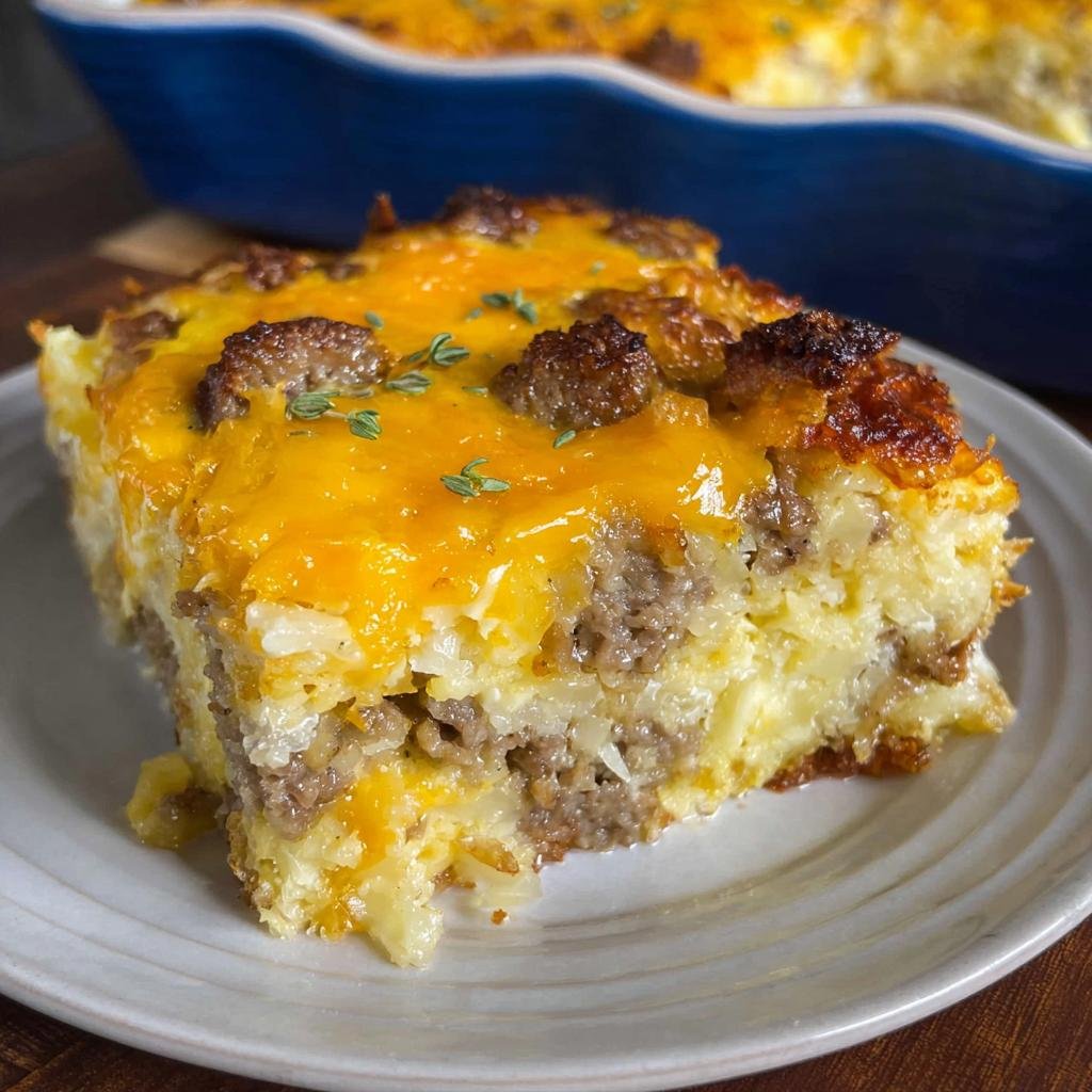 A hearty slice of Crack Breakfast Casserole featuring layers of eggs, sausage, and melted cheddar cheese on a white plate.