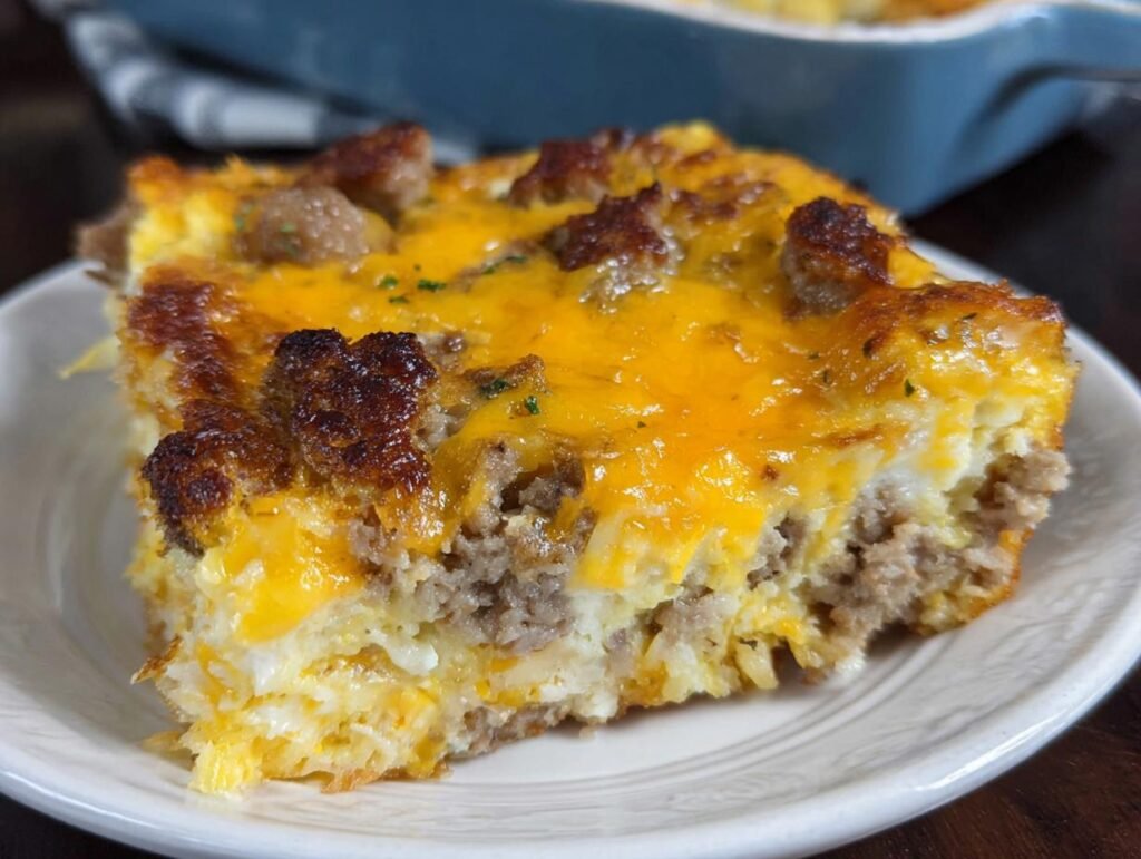 A close-up slice of rich Crack Breakfast Casserole featuring sausage, eggs, and melted cheddar cheese.