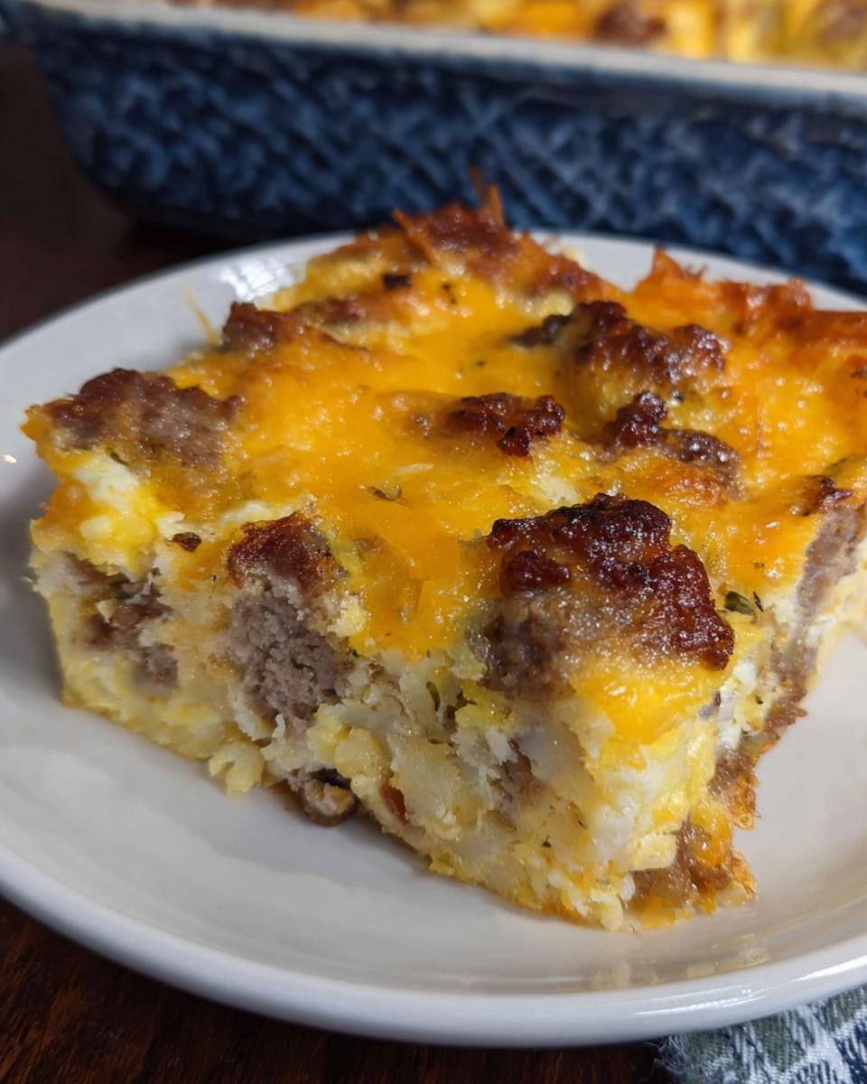 A close-up slice of Crack Breakfast Casserole featuring sausage, eggs, and melted cheddar cheese on a white plate.