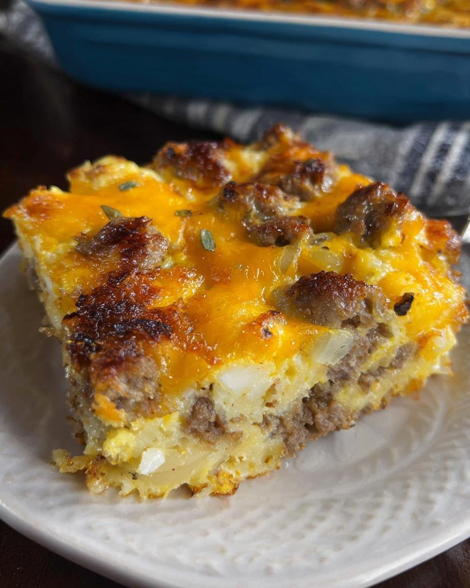 A close-up slice of Crack Breakfast Casserole featuring layers of sausage, eggs, potatoes, and melted cheddar cheese.
