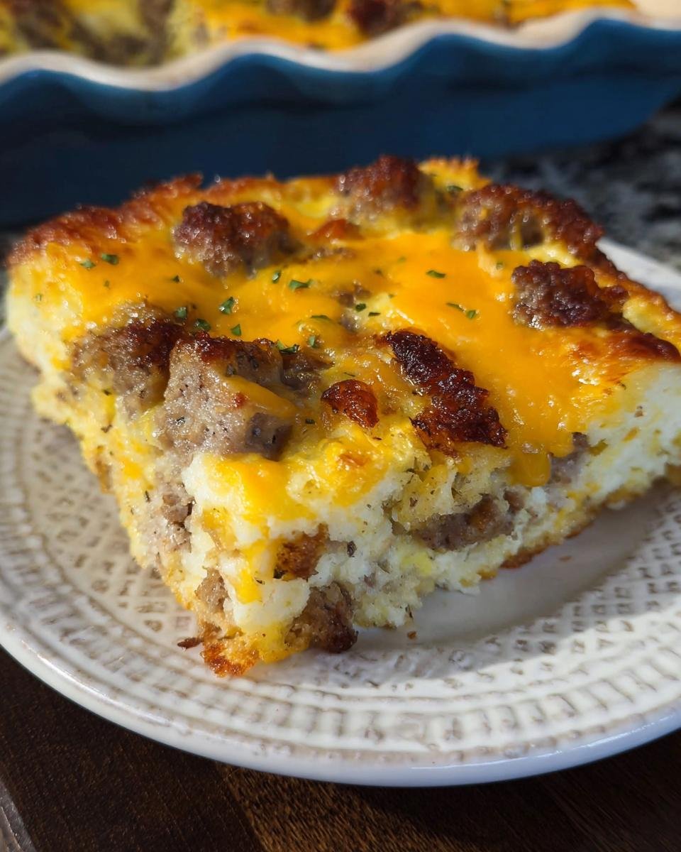 Close-up of a hearty slice of Crack Breakfast Casserole topped with melted cheddar cheese and sausage crumbles.