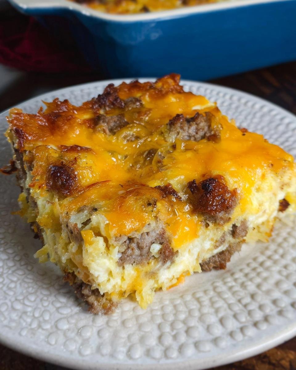 A close-up slice of the incredibly good Crack Breakfast Casserole showing layers of sausage, eggs, and melted cheddar cheese.