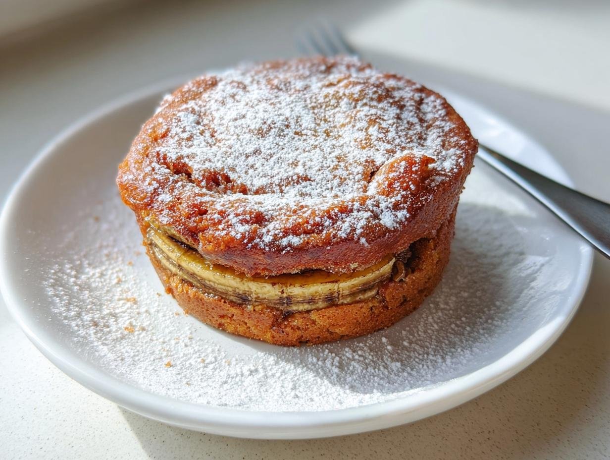 A single serving of Crave-Worthy banana bread, dusted with powdered sugar, showing a layer of sliced banana inside.