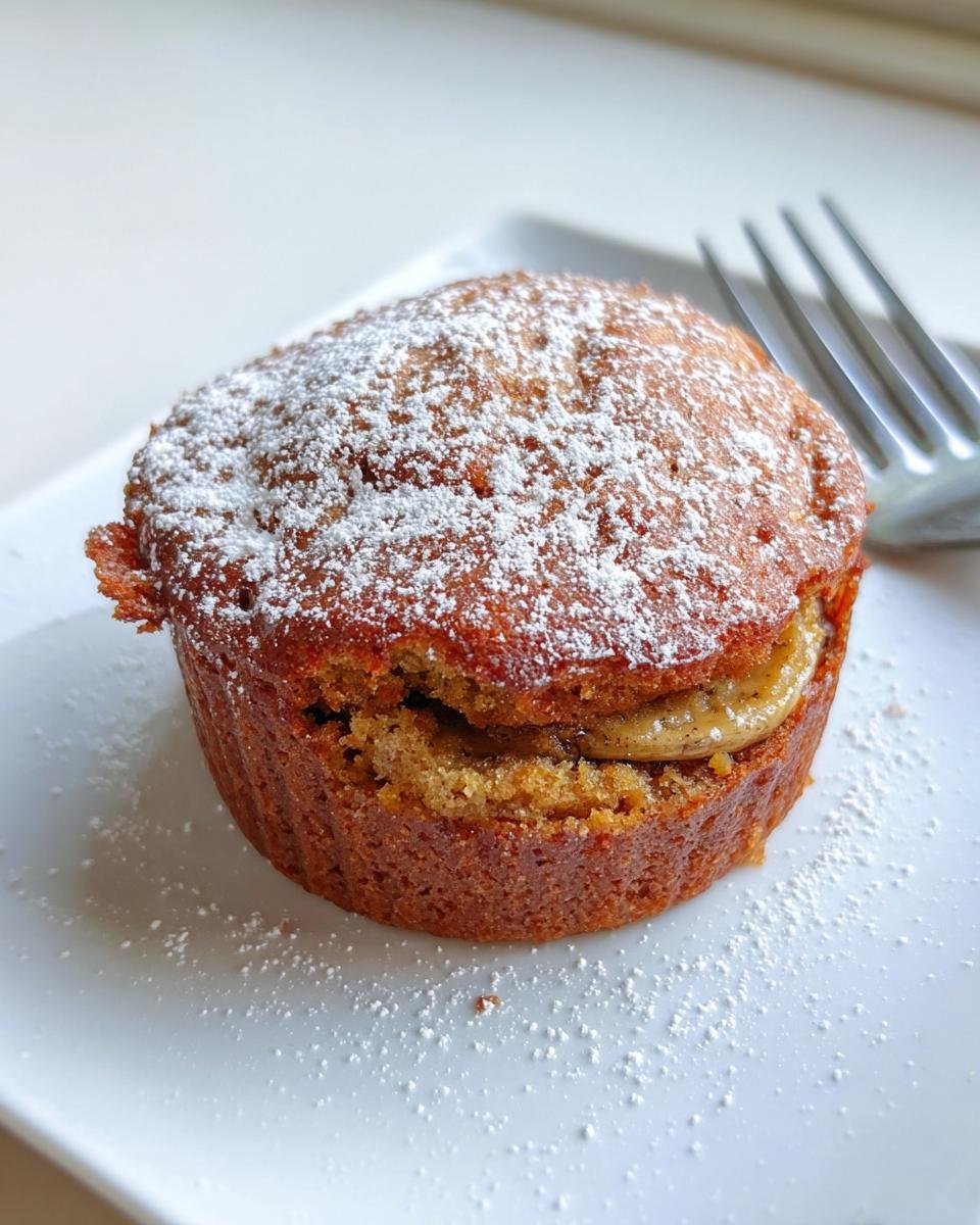 A single, golden-brown banana bread muffin dusted with powdered sugar, showing a creamy filling inside.