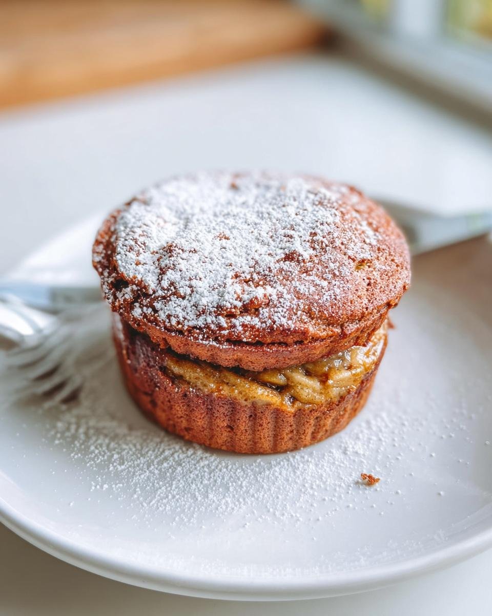 A single serving of Crave-Worthy banana bread, split and filled, dusted heavily with powdered sugar on a white plate.