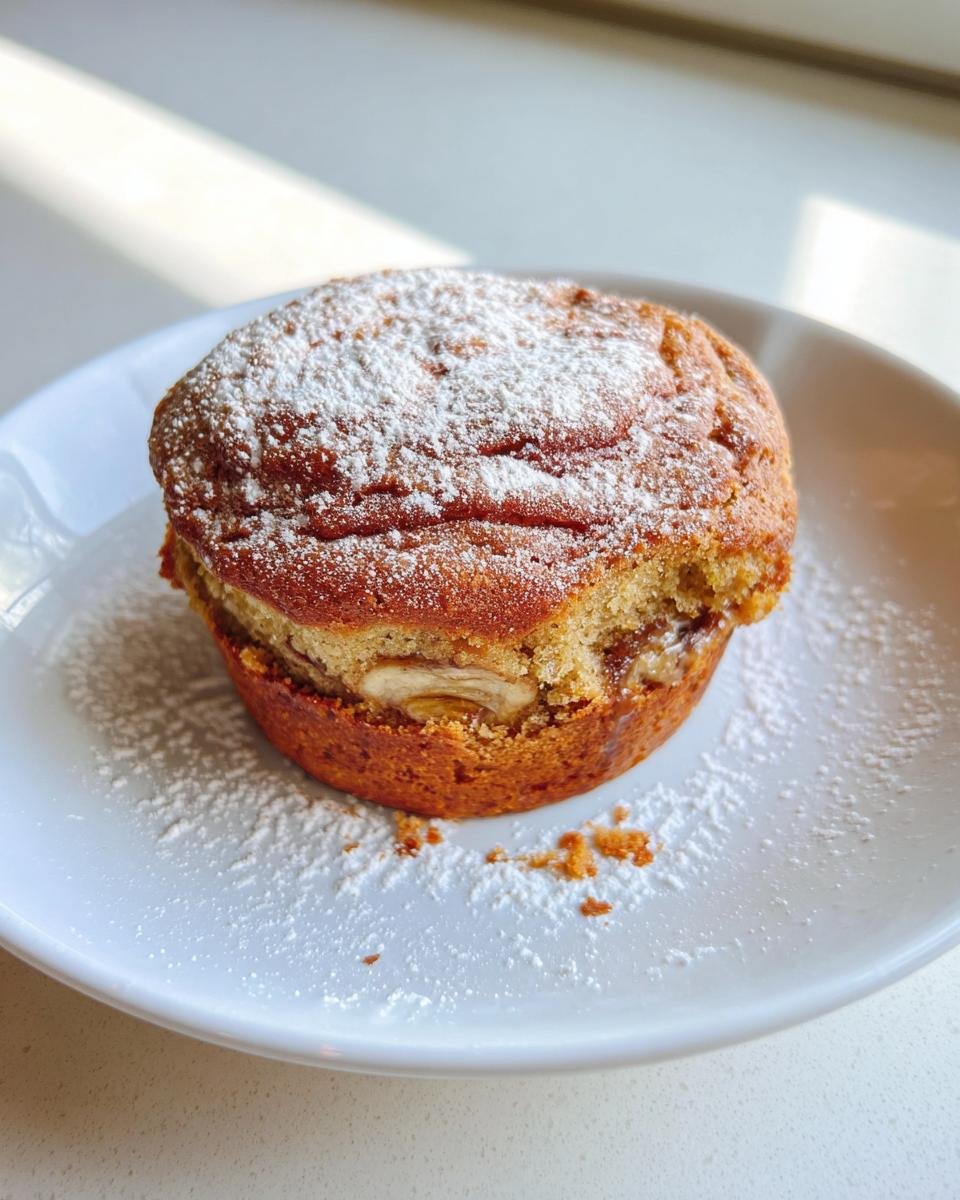A single, golden-brown portion of Crave-Worthy banana bread, topped with powdered sugar, resting on a white plate.