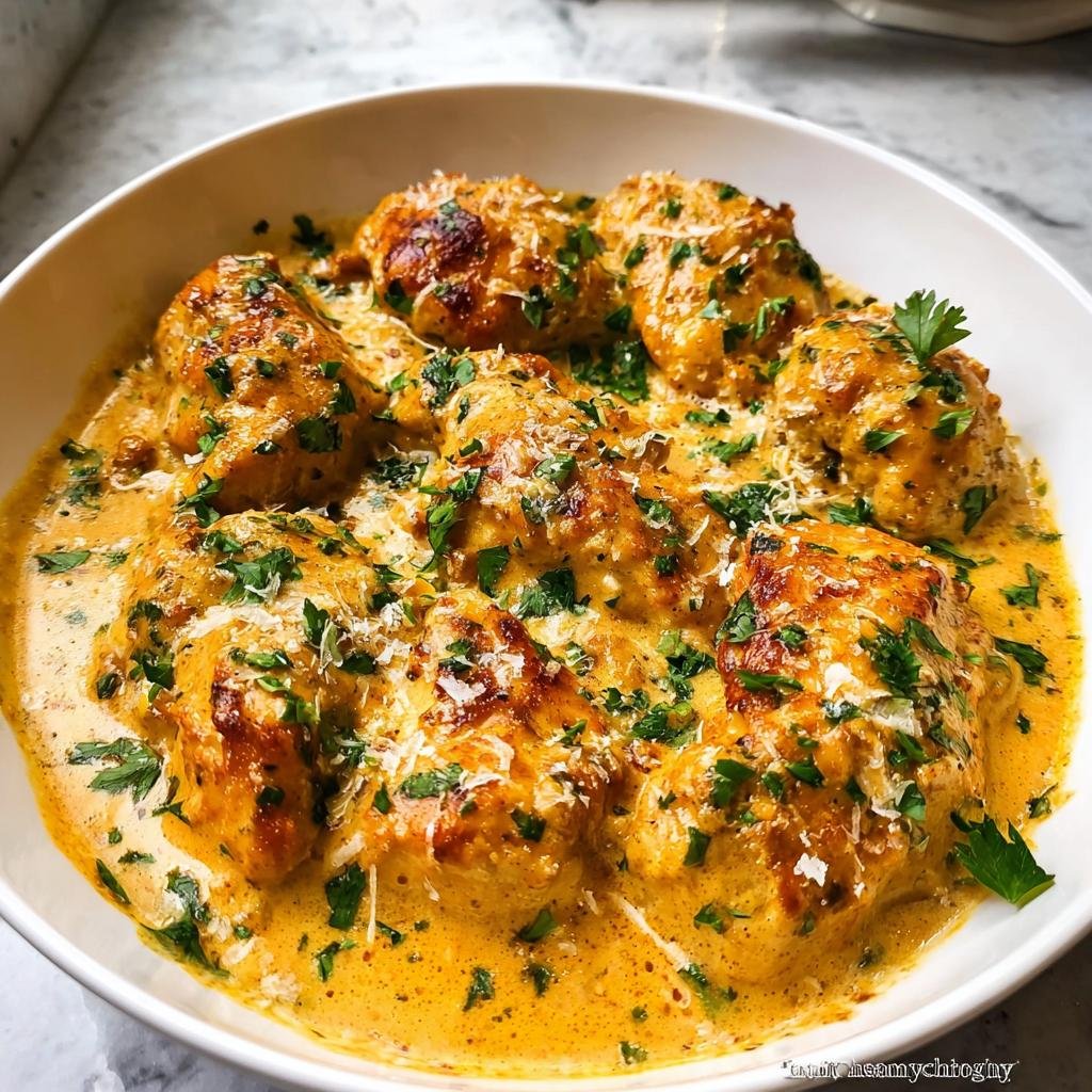 Close-up of crave-worthy chicken pieces smothered in a rich, orange-hued creamy sauce and topped with fresh parsley.