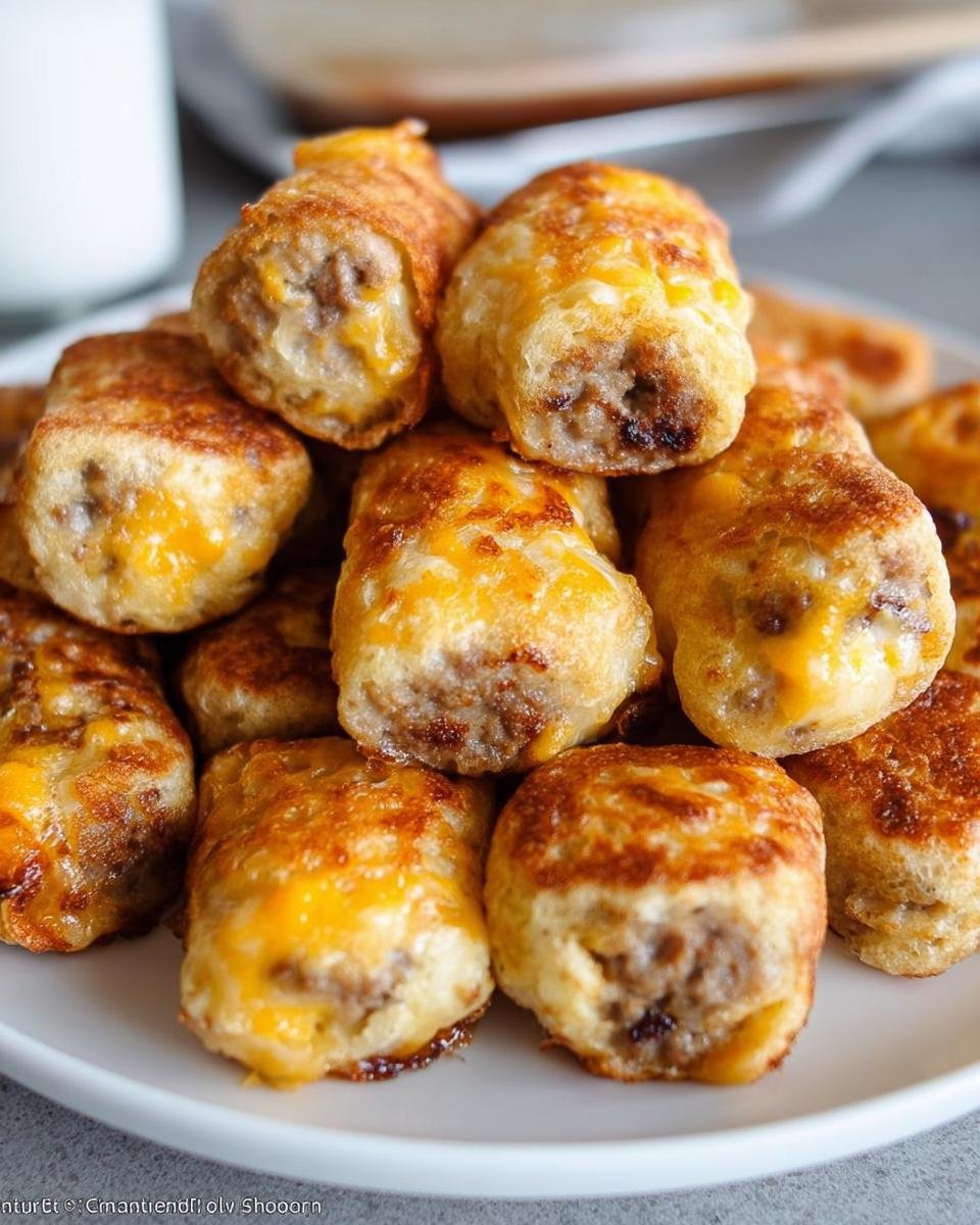 A close-up of several golden-brown Copycat McGriddle Bites piled high on a white plate, showing melted cheese.