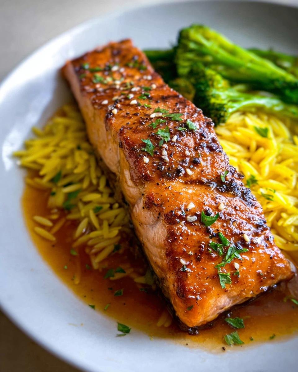 Close-up of a perfectly cooked Crispy Honey Garlic Glazed Salmon Recipe fillet served over orzo pasta and broccoli.