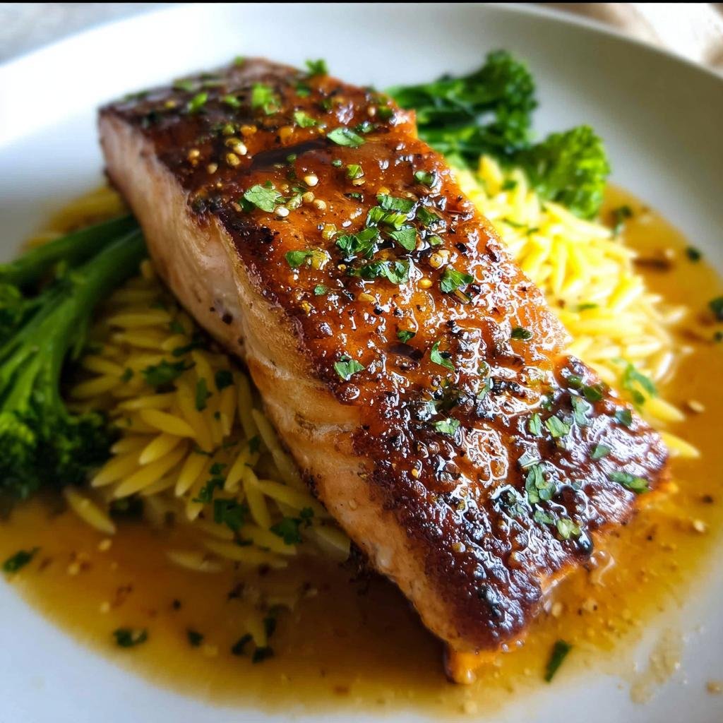 Close-up of Crave-Worthy salmon recipes: Crispy Honey Garlic Glazed Salmon served over orzo pasta and broccoli florets.