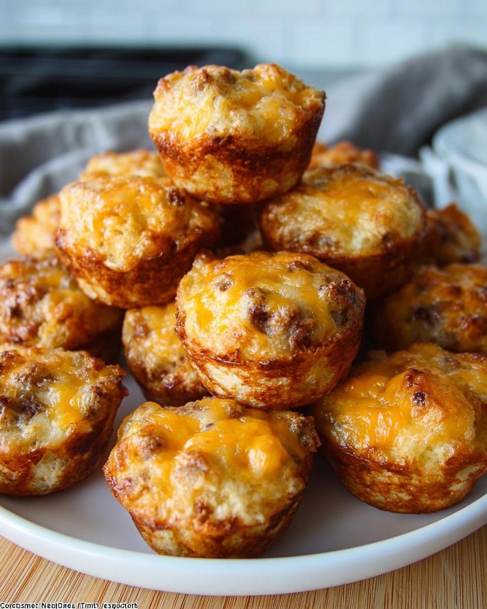 A stack of golden-brown, cheesy Copycat McGriddle Bites piled high on a white plate.