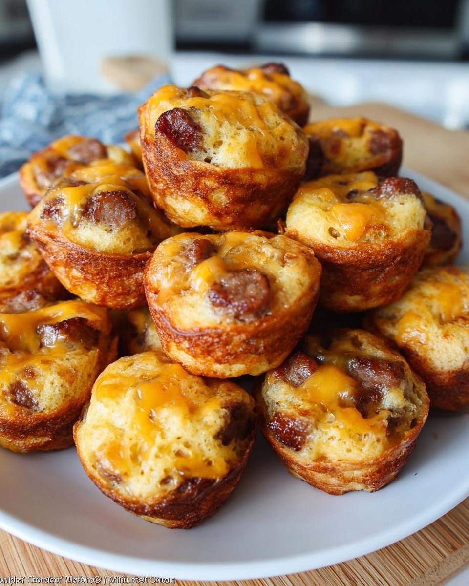 A pile of golden-brown, cheesy Copycat McGriddle Bites featuring sausage pieces baked into muffin form.