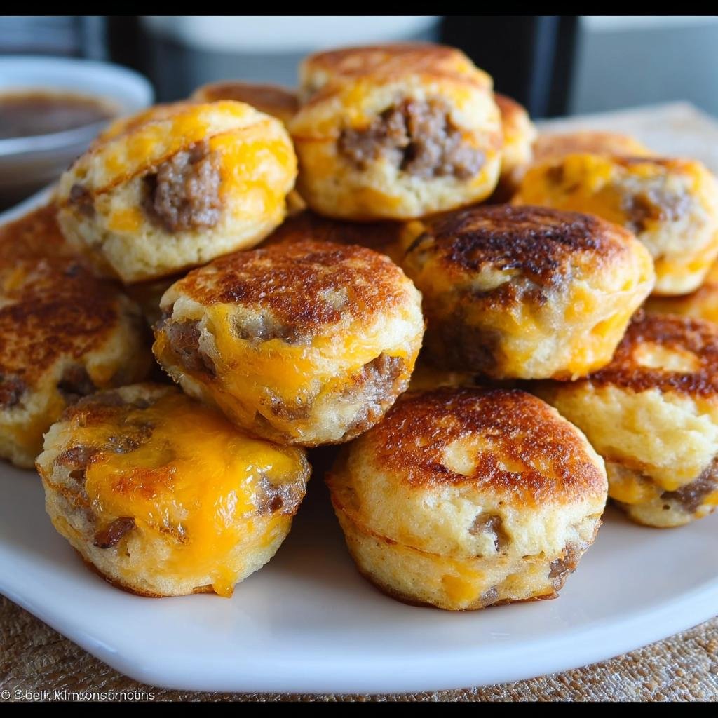 A pile of golden-brown, bite-sized breakfast items resembling Copycat McGriddle Bites, filled with sausage and melted cheese.