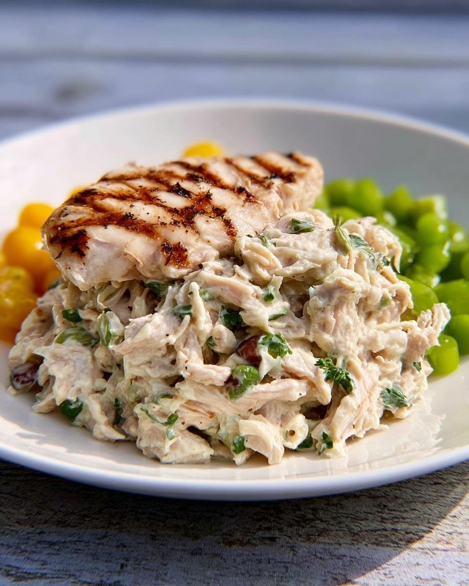 A serving of creamy chicken salad topped with a grilled chicken breast, part of Healthy Chicken Recipes Everyone Will Love.