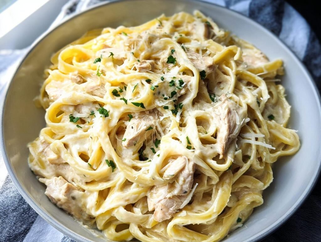 Close-up of Creamy Garlic Parmesan Chicken Pasta with fettuccine noodles, chicken pieces, and parsley garnish.