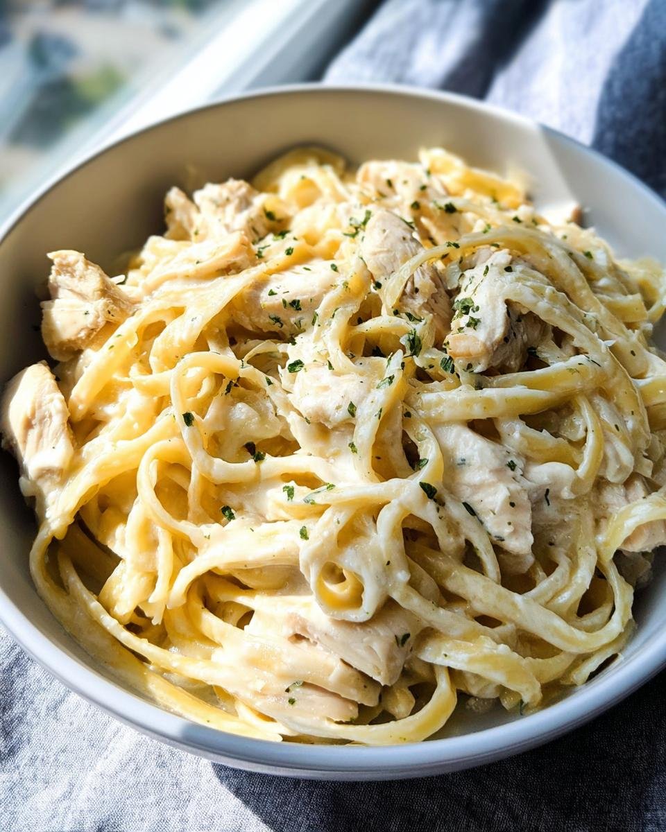 Close-up of a bowl filled with creamy garlic parmesan chicken pasta, garnished with parsley.