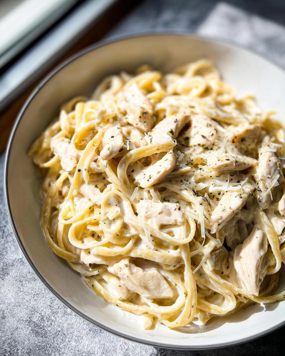 Close-up of a bowl filled with fettuccine pasta coated in a rich sauce, topped with sliced chicken and herbs for Creamy Garlic Parmesan Chicken Pasta.