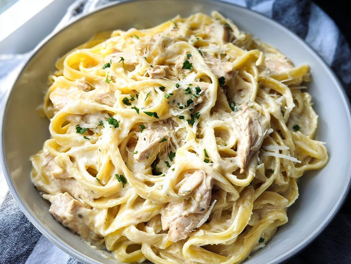 Close-up of Creamy Garlic Parmesan Chicken Pasta with fettuccine noodles, chicken pieces, and parsley garnish.
