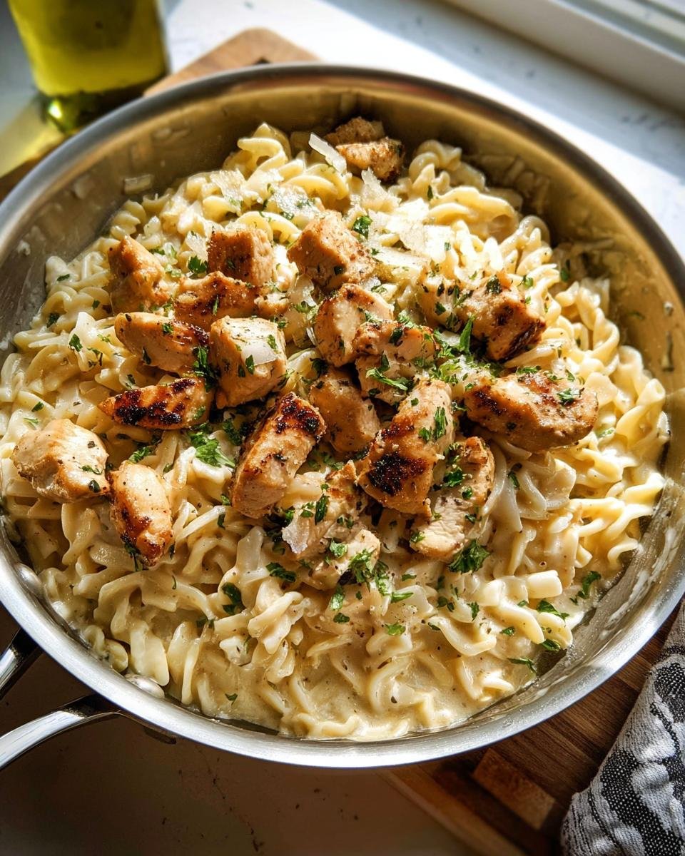 Close-up of Creamy Garlic Parmesan Chicken Pasta with grilled chicken pieces in a stainless steel skillet.