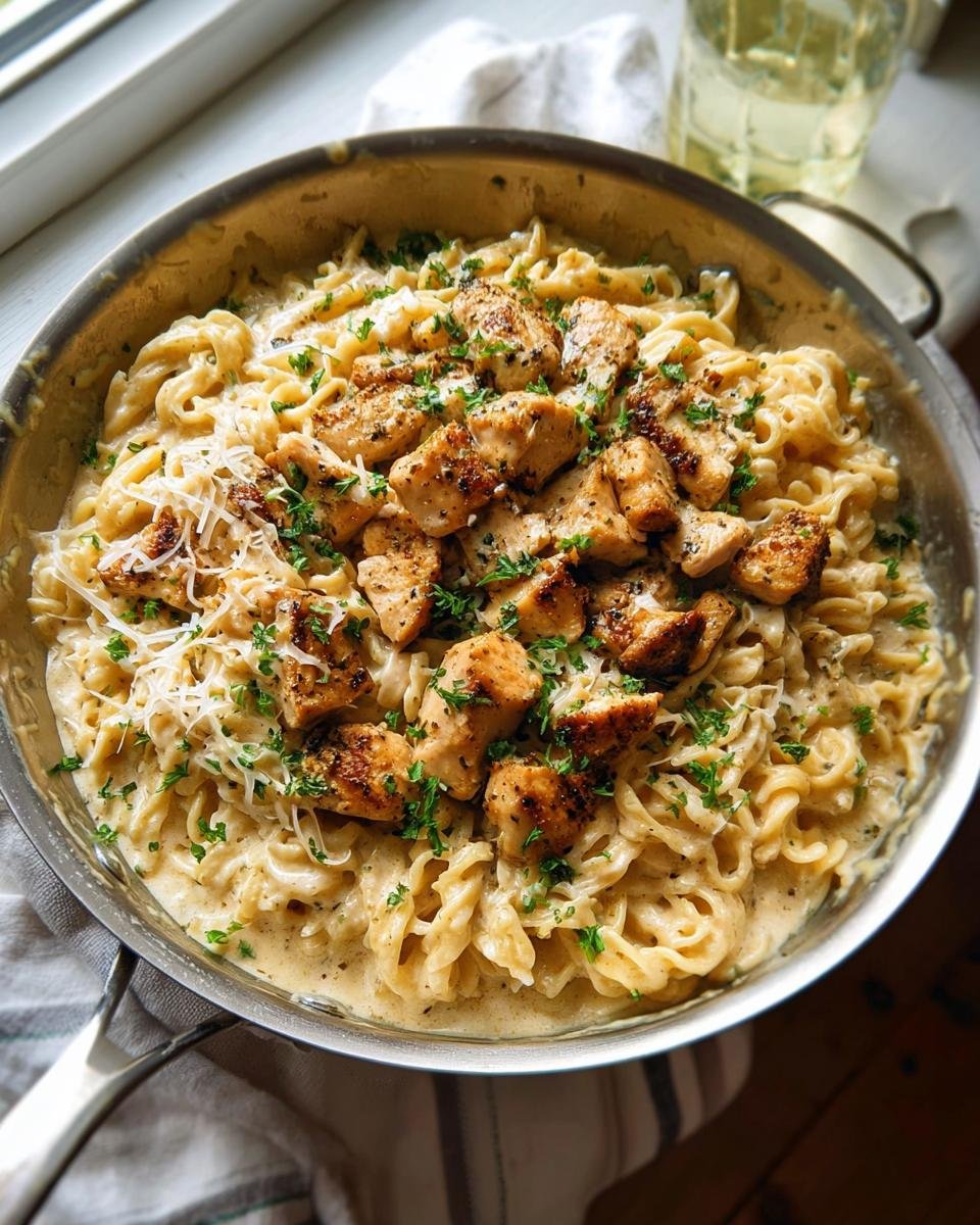 A skillet filled with Creamy Garlic Parmesan Chicken Pasta, topped with seasoned chicken pieces and fresh parsley.