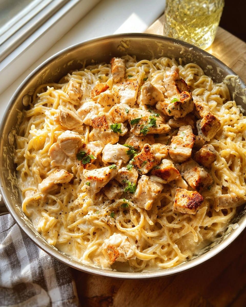 Close-up of Creamy Garlic Parmesan Chicken Pasta served directly in a stainless steel skillet, topped with seared chicken chunks.