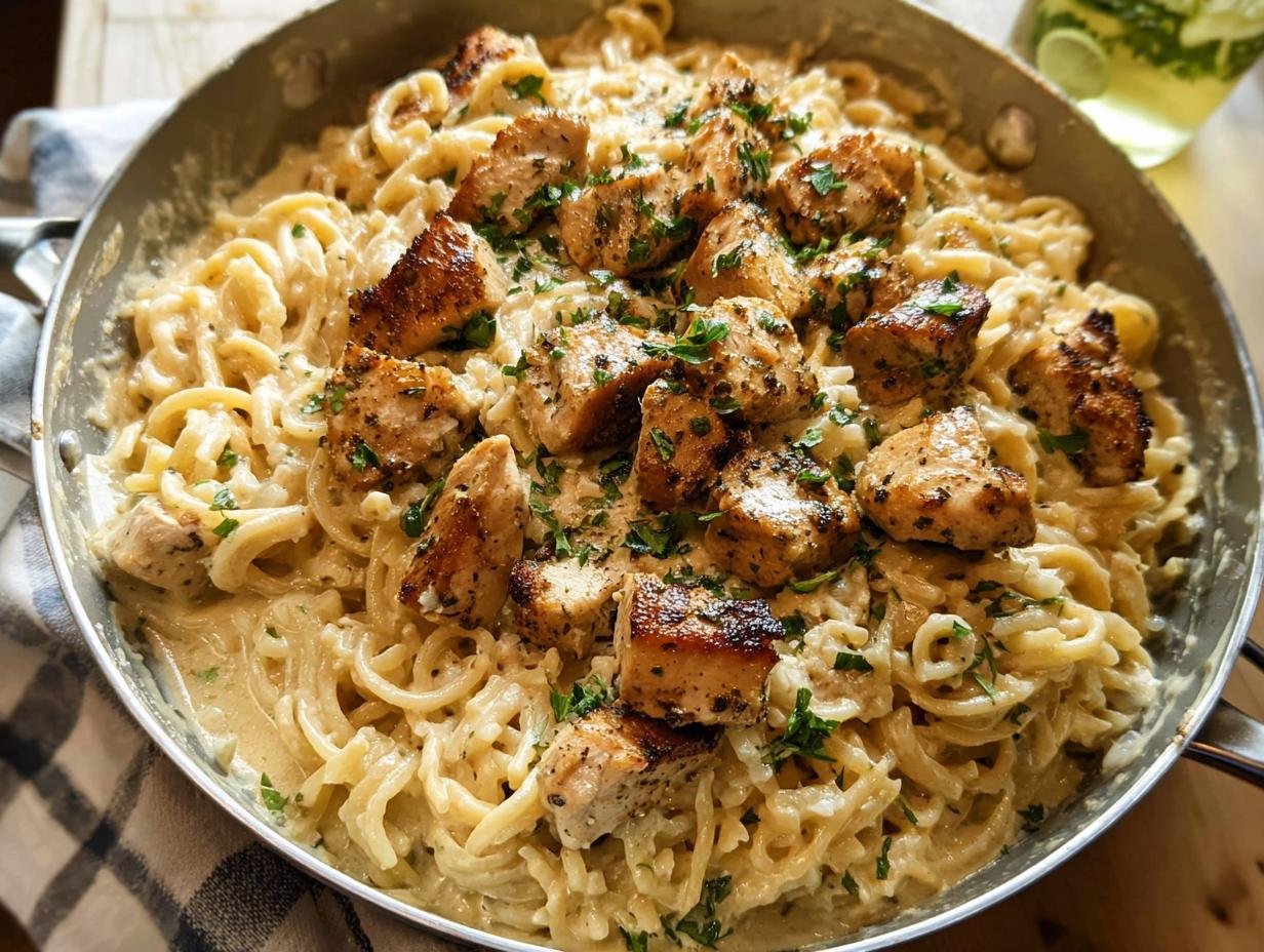 Close-up of Creamy Garlic Parmesan Chicken Pasta tossed in a skillet and topped with browned chicken pieces.