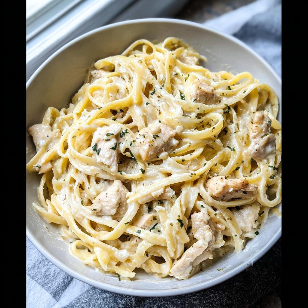 A close-up overhead shot of Creamy Garlic Parmesan Chicken Pasta with fettuccine noodles and diced chicken in a light bowl.