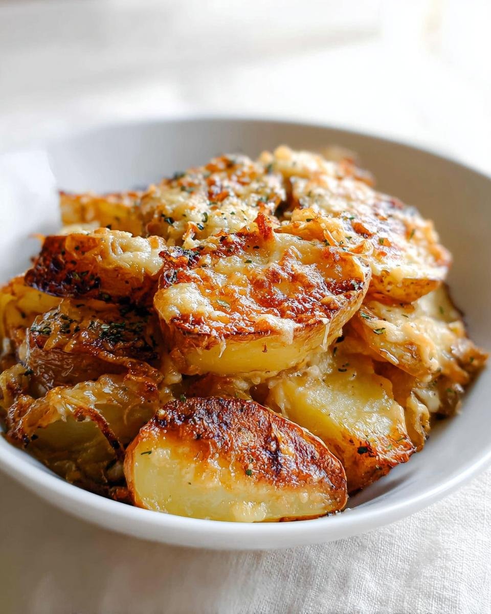 A white bowl filled with golden-brown, cheesy Creamy Garlic Parmesan Potatoes topped with herbs.