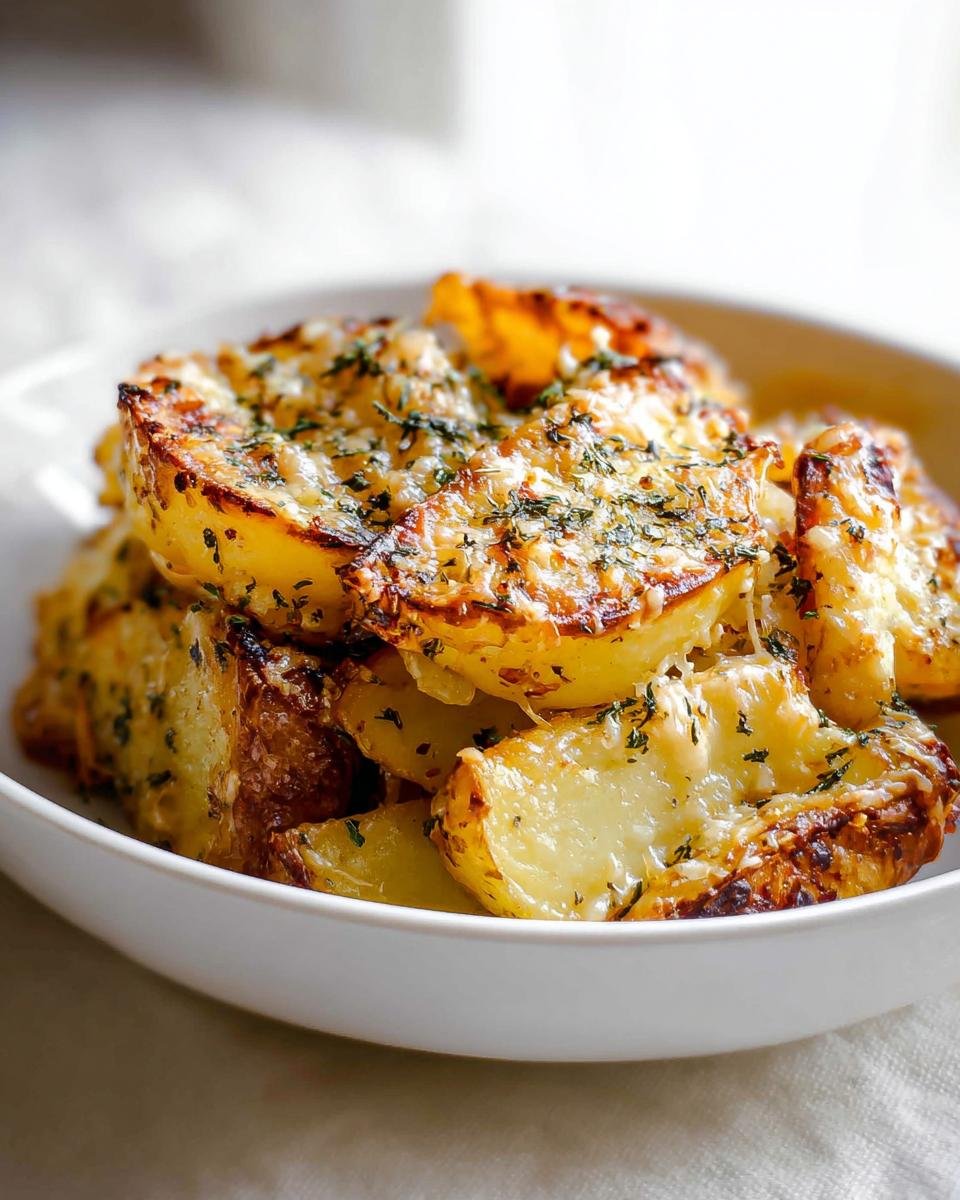 Close-up of baked Creamy Garlic Parmesan Potatoes topped with melted cheese and herbs in a white bowl.