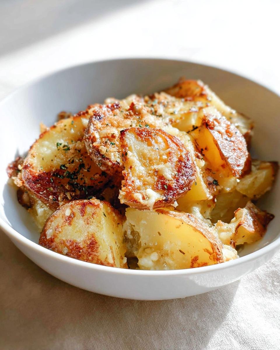 Close-up of roasted, sliced Creamy Garlic Parmesan Potatoes topped with melted cheese and herbs in a white bowl.