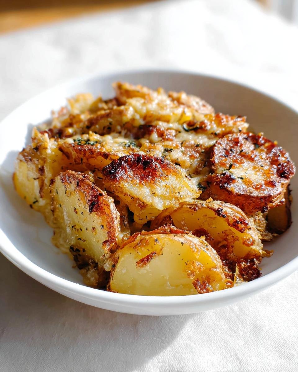 A white bowl filled with golden-brown Creamy Garlic Parmesan Potatoes topped with melted cheese and herbs.
