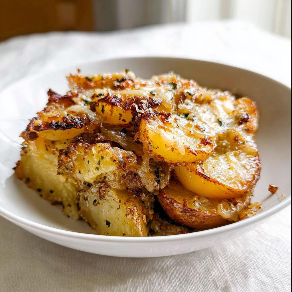 A close-up of a serving of Creamy Garlic Parmesan Potatoes in a white bowl, showing browned edges and melted cheese.