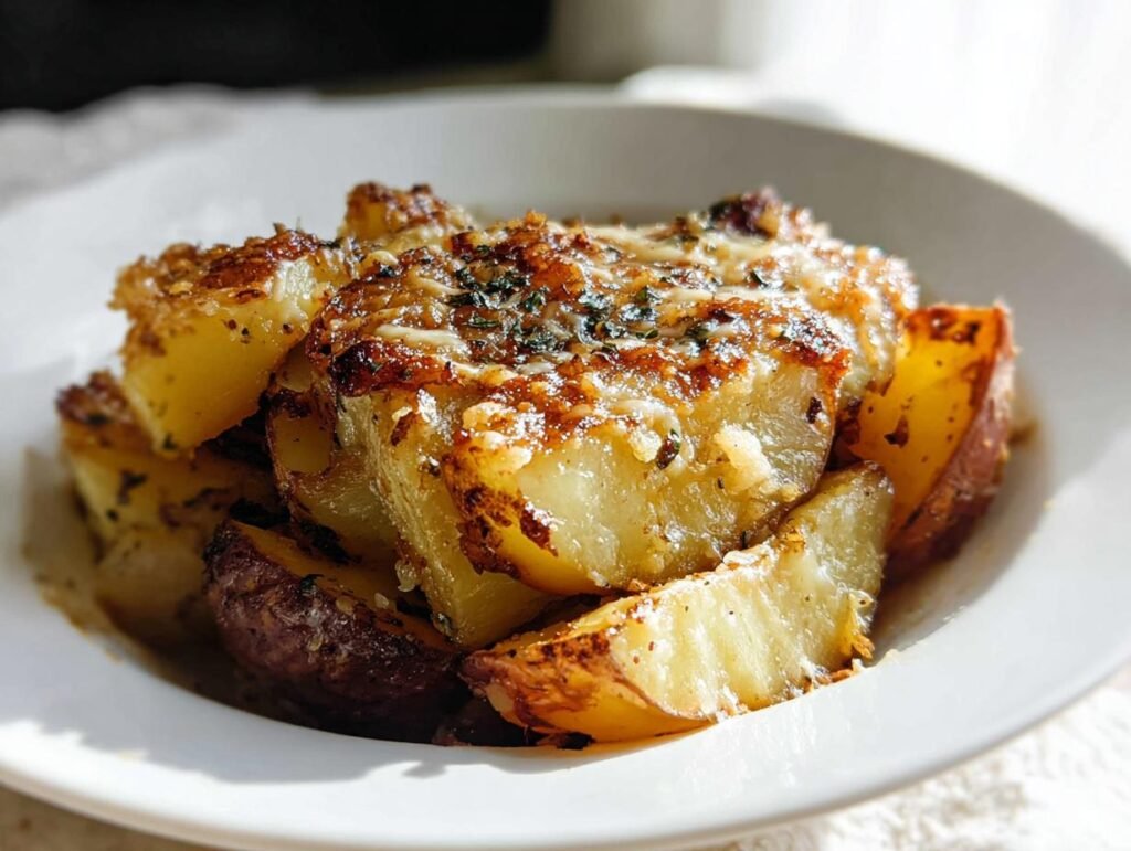 Close-up of roasted Creamy Garlic Parmesan Potatoes topped with melted cheese and herbs in a white bowl.