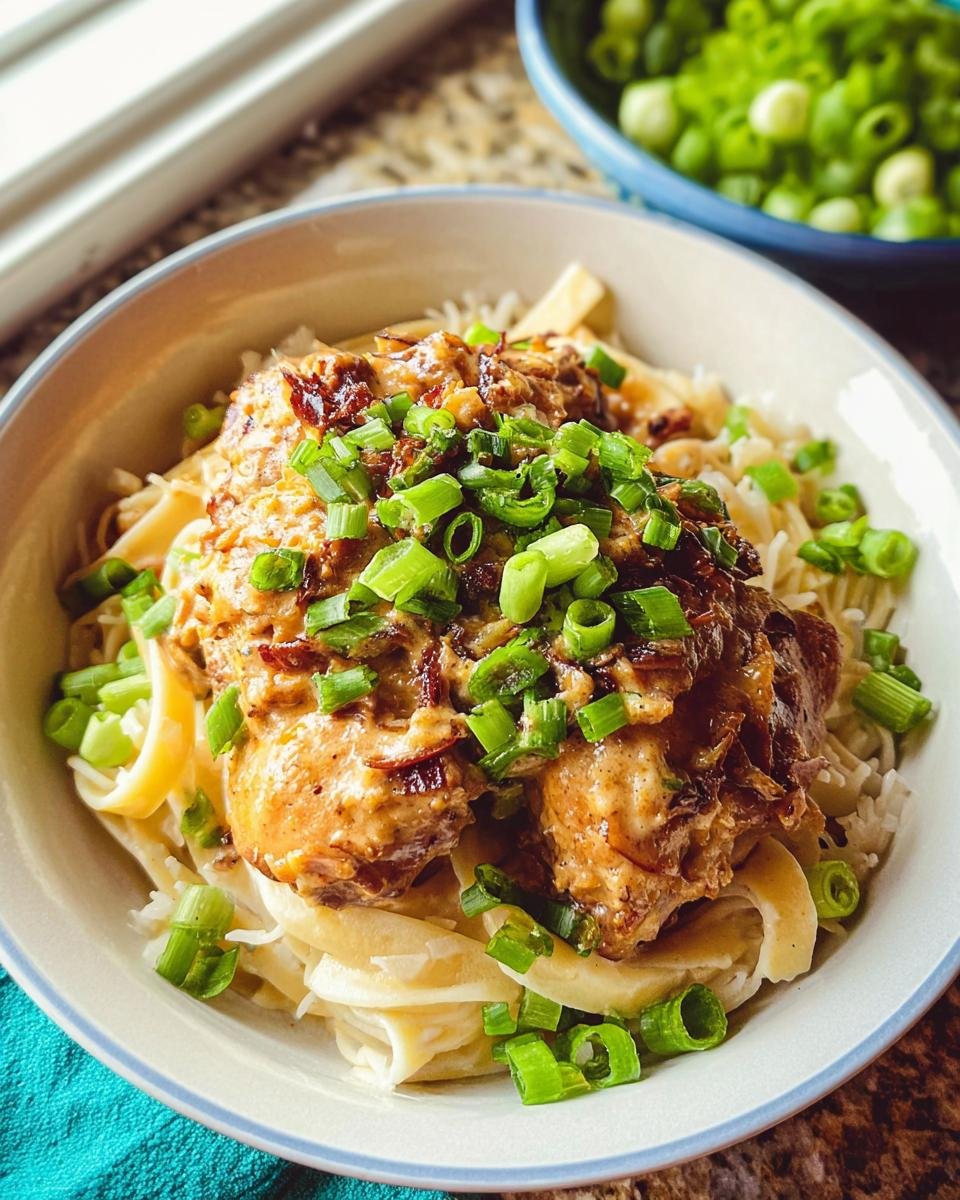 A bowl of creamy oven baked chicken thighs served over wide egg noodles and rice, topped with green onions.