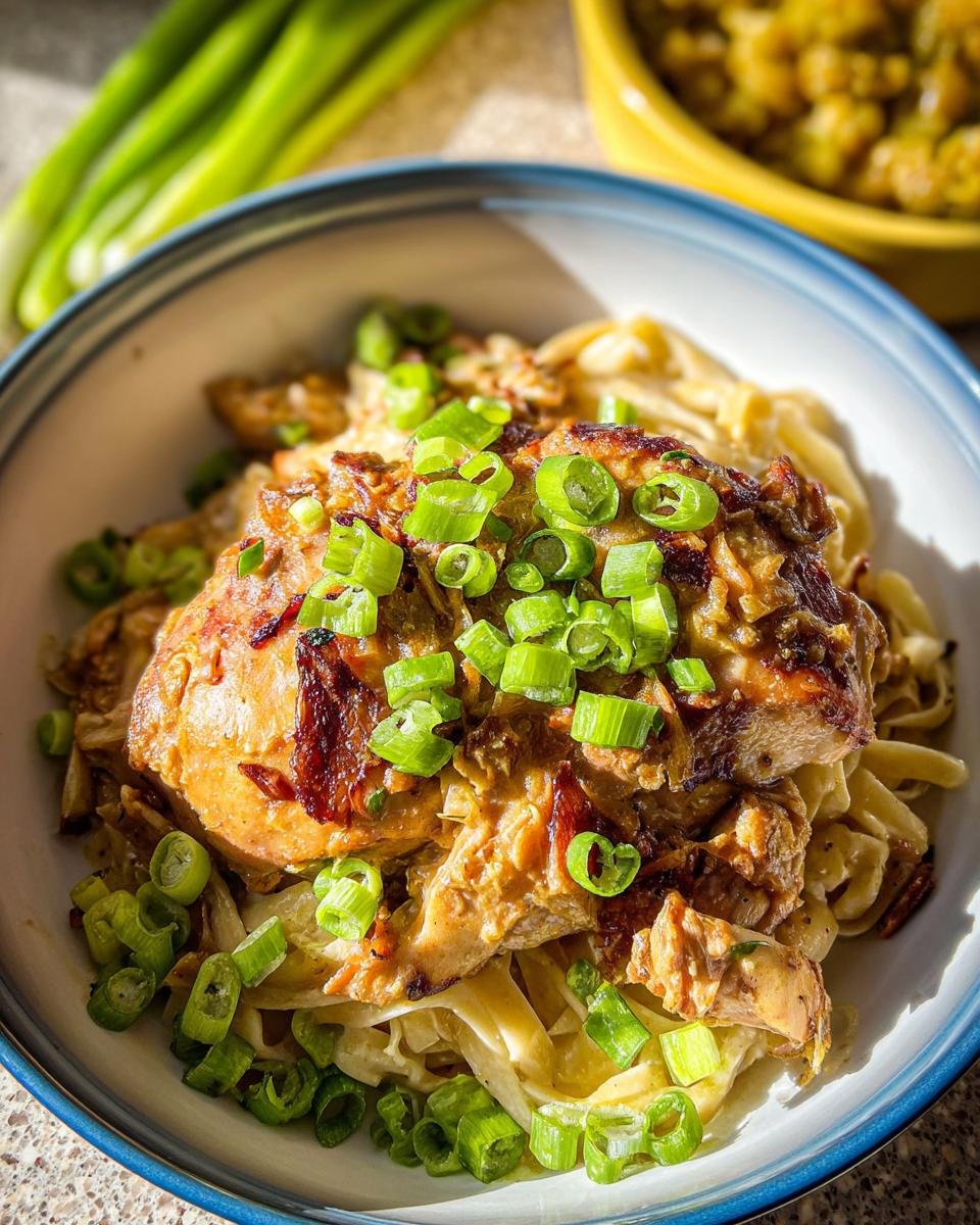 A bowl of creamy oven baked chicken thighs served over egg noodles and topped with fresh green onions.