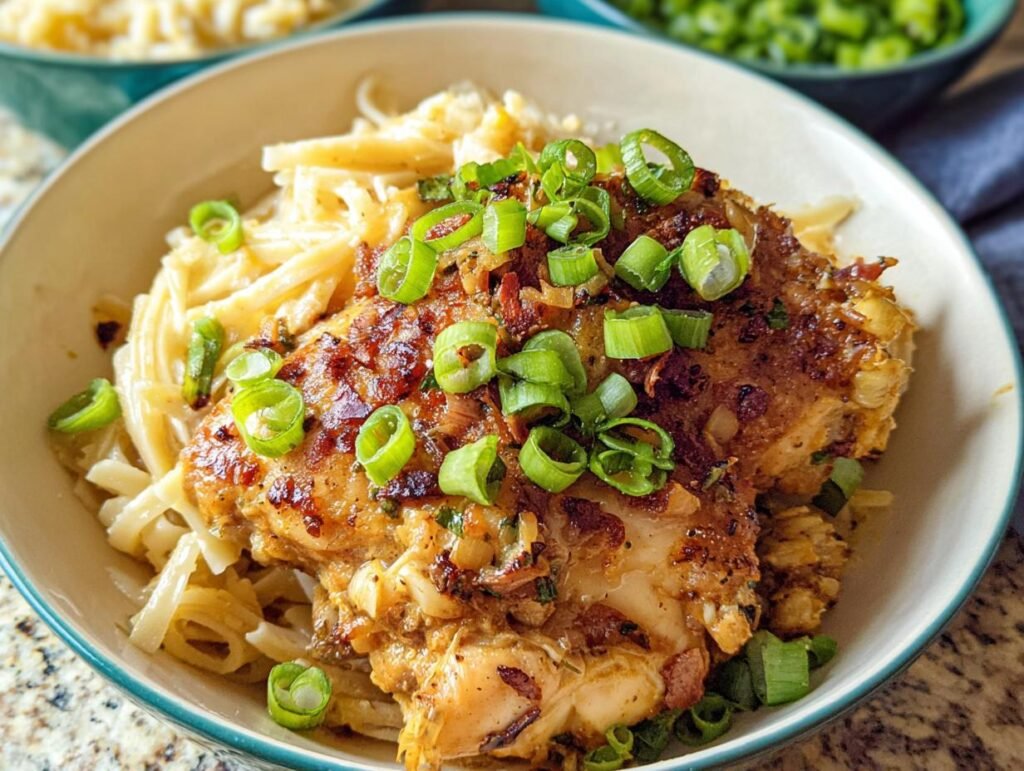 A close-up of Creamy Oven Baked Chicken Thighs served over pasta and topped with fresh sliced green onions.