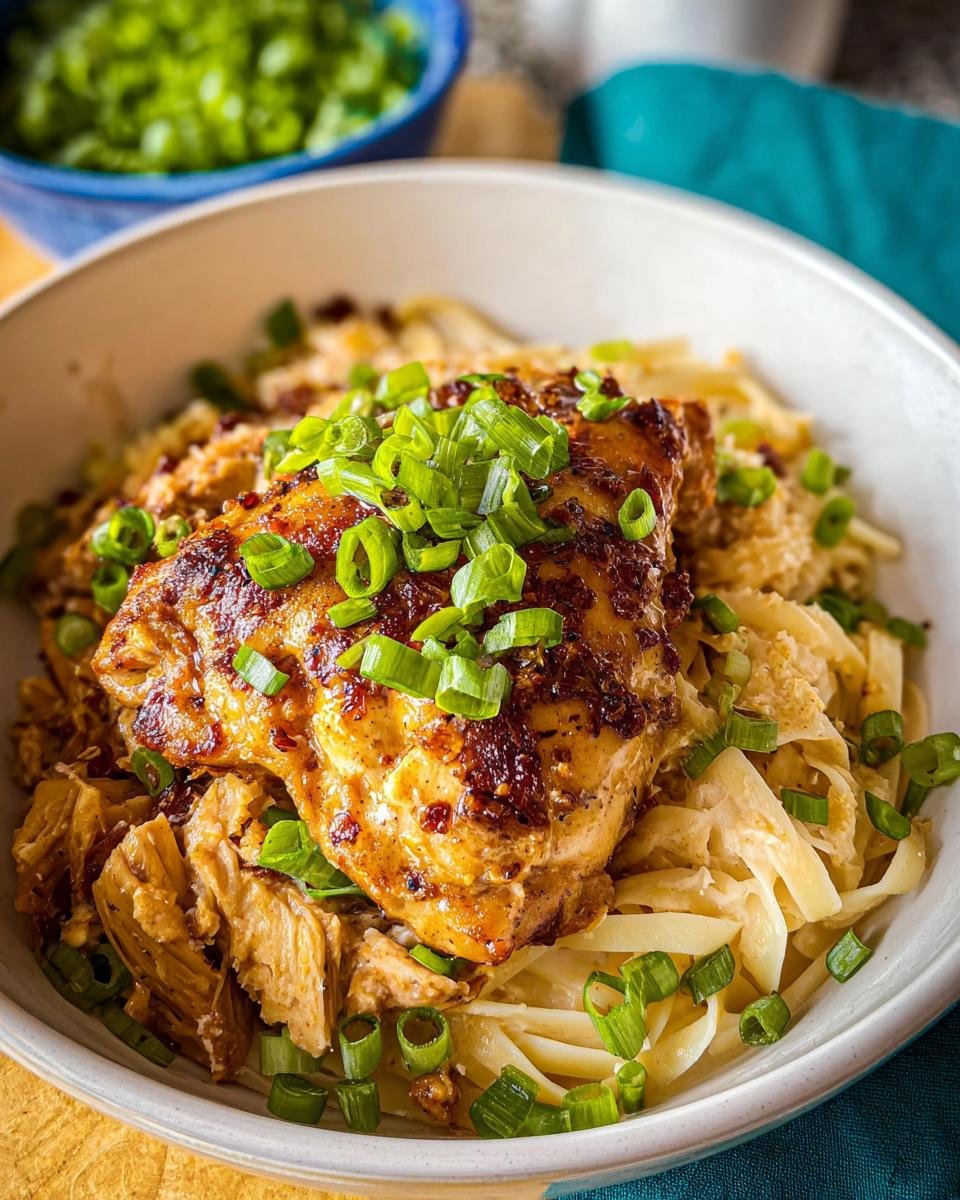 A bowl of creamy pasta topped with a glazed chicken thigh and fresh green onions, featuring one of the Dorm-Friendly chicken thigh recipes.
