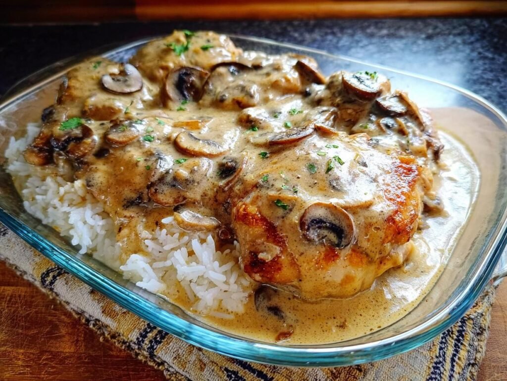 Close-up of Creamy Smothered Chicken and Rice topped with mushroom gravy in a clear baking dish.