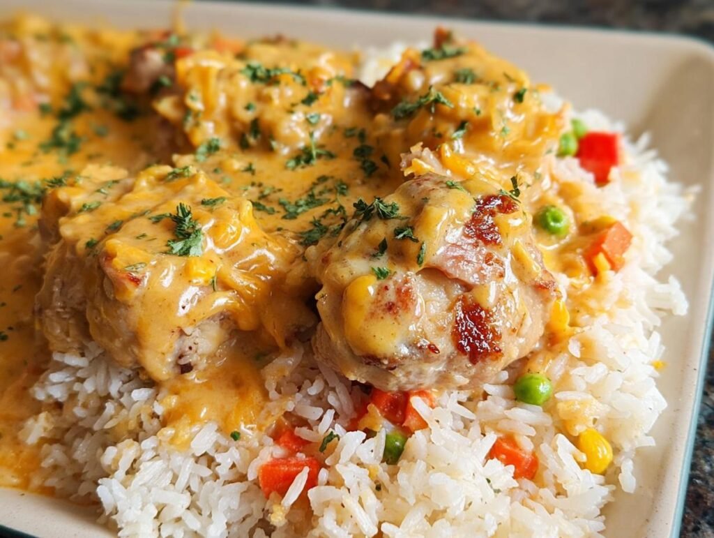 Close-up of creamy smothered chicken and rice recipe, featuring chicken pieces covered in orange sauce over white rice and mixed vegetables.