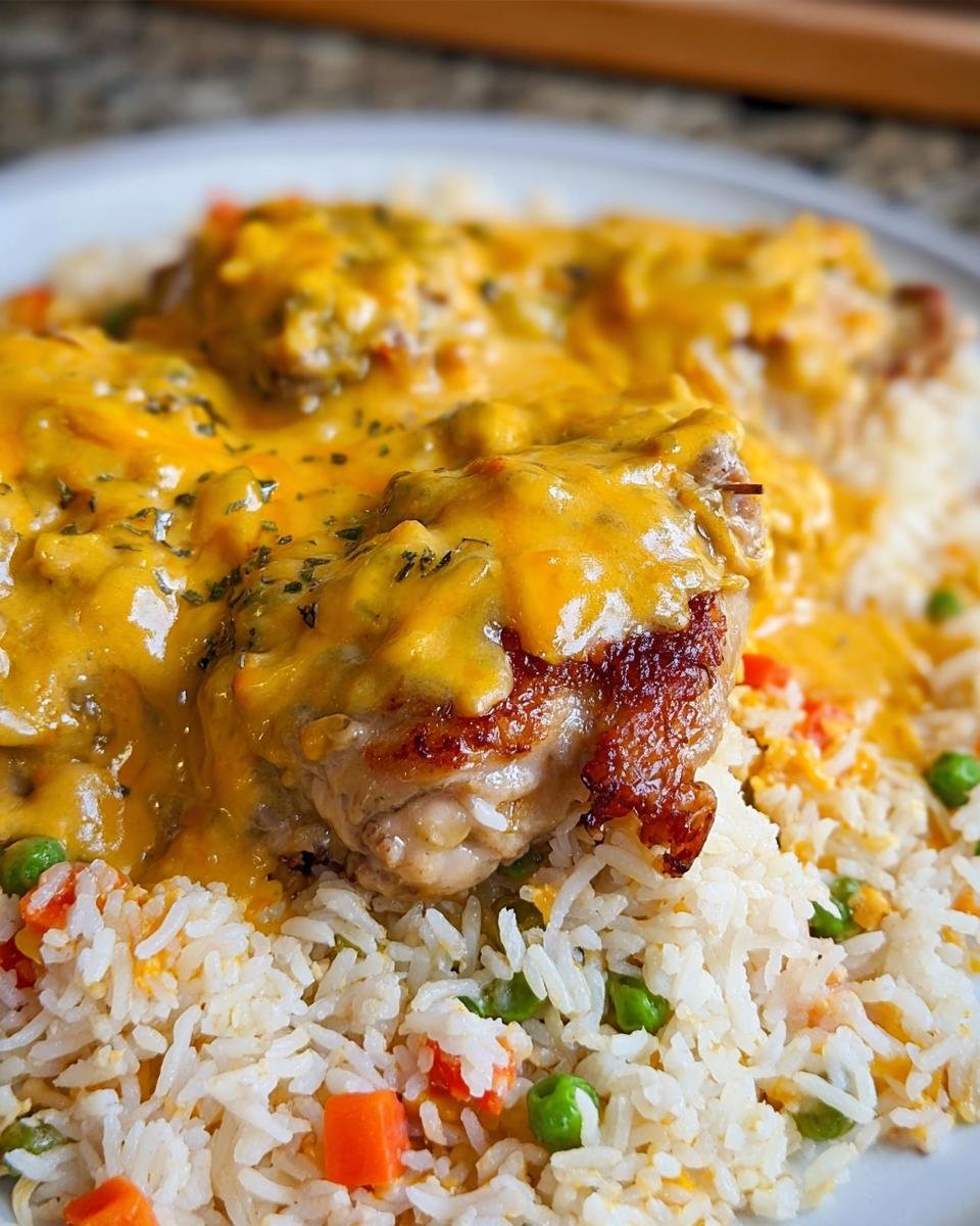Close-up of creamy smothered chicken served over white rice mixed with peas and carrots.