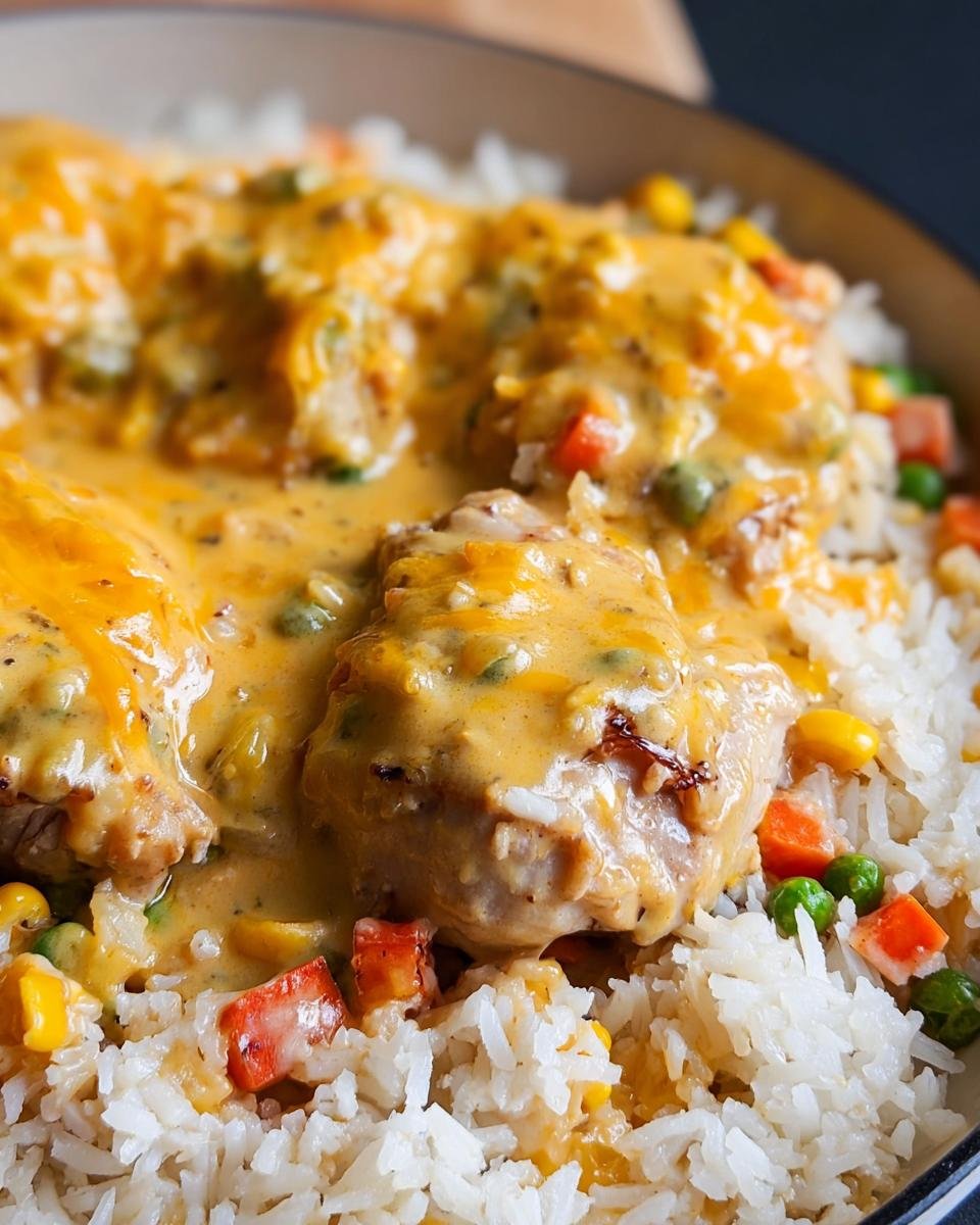Close-up of creamy smothered chicken and rice recipe topped with melted cheese and mixed vegetables.