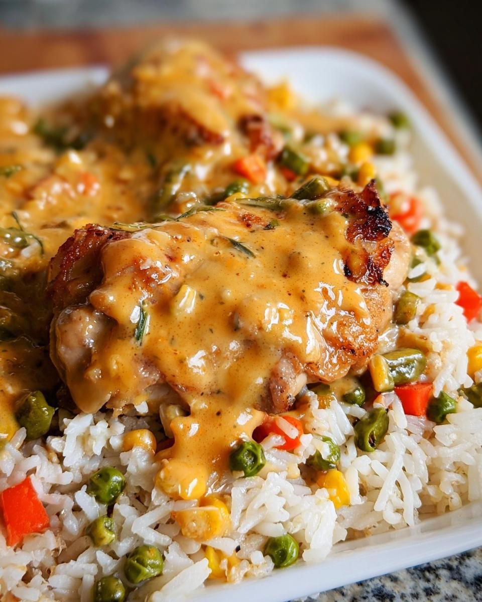Close-up of creamy smothered chicken and rice recipe served over white rice mixed with peas, corn, and carrots.