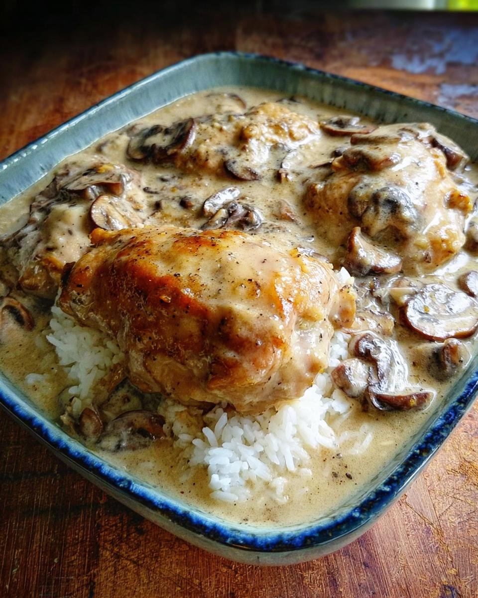 A close-up of Creamy Smothered Chicken and Rice served in a blue bowl over white rice with mushroom sauce.