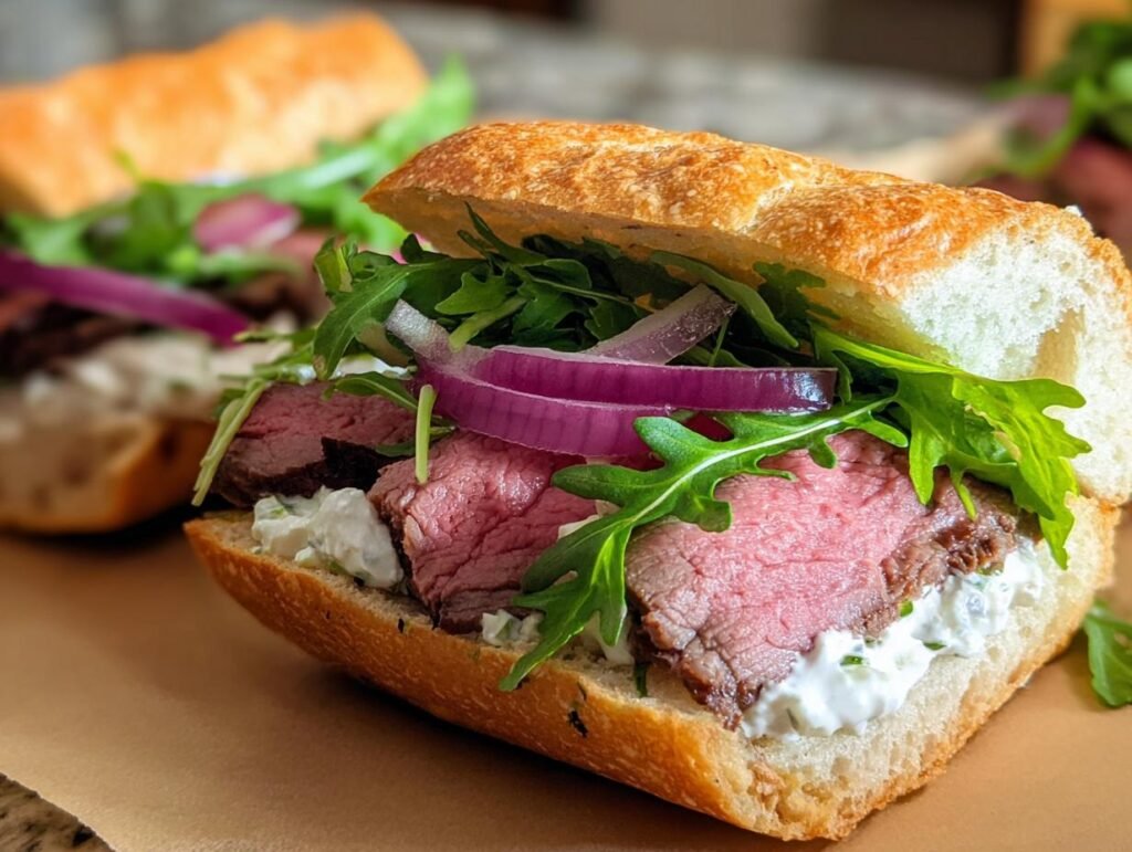 Close-up of a Creative Leftover Prime Rib Sandwich on a baguette with creamy spread, arugula, and red onion slices.
