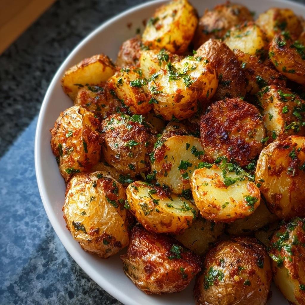 A white bowl filled with Crispy Baked Garlic Butter Potatoes, golden brown and topped with fresh green herbs.