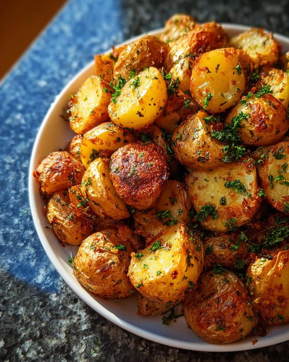 A white bowl filled with Crispy Baked Garlic Butter Potatoes, golden brown and topped with fresh green herbs.