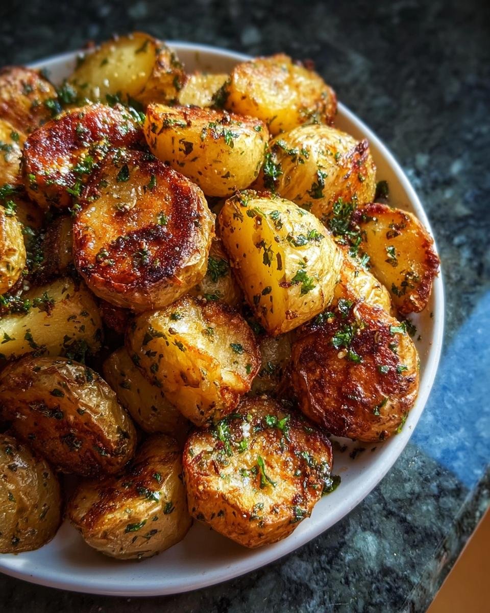 A plate piled high with Crispy Baked Garlic Butter Potatoes with Fresh Herbs, showing a golden-brown crust.