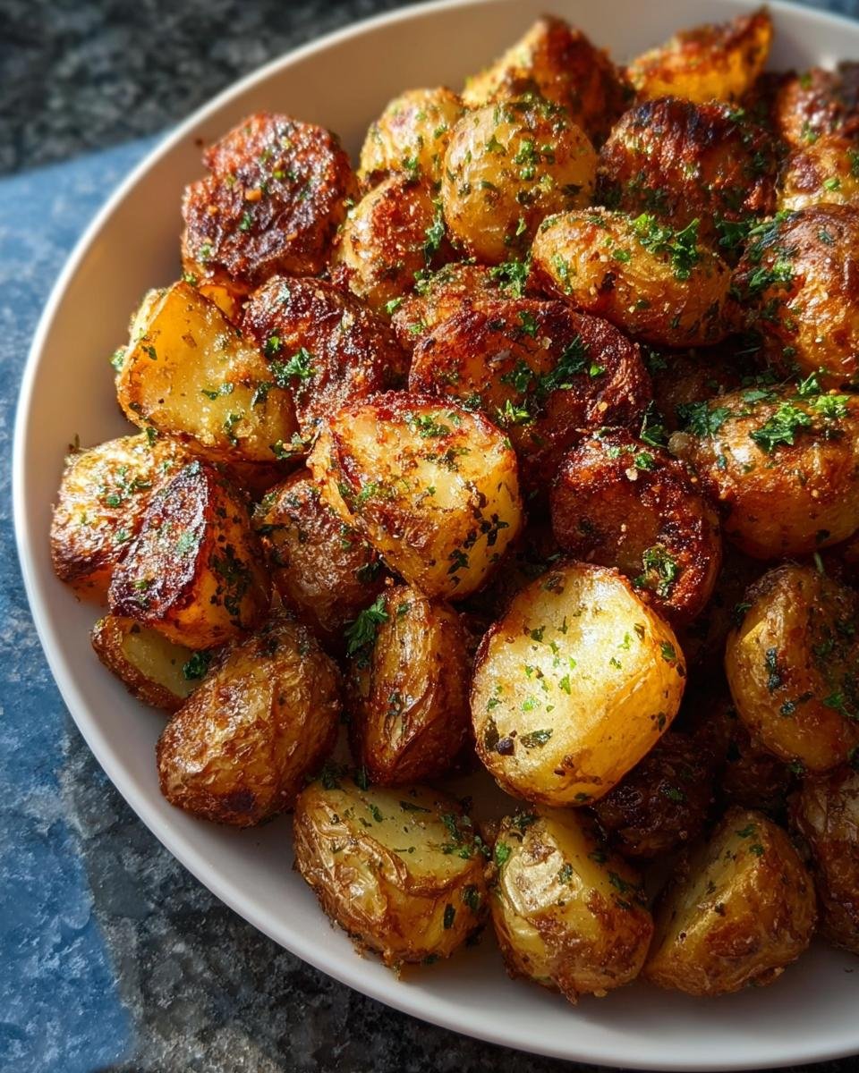 Close-up of Crispy Baked Garlic Butter Potatoes with Fresh Herbs and a golden crust.