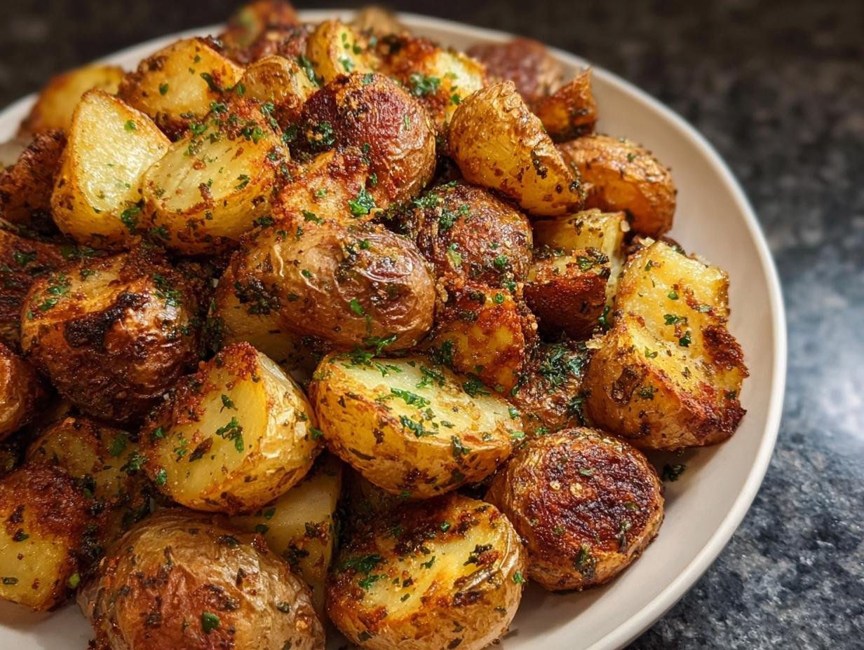 A close-up of Crispy Baked Garlic Butter Potatoes with Fresh Herbs piled high on a white plate, showing golden crusts.